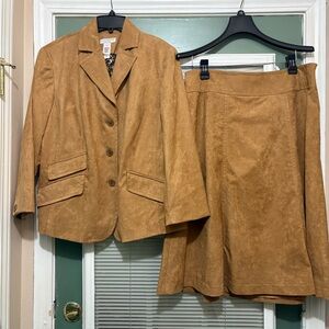 Vintage Elisabeth Faux Leather Camel Skirt Suit Sz 14 Petite